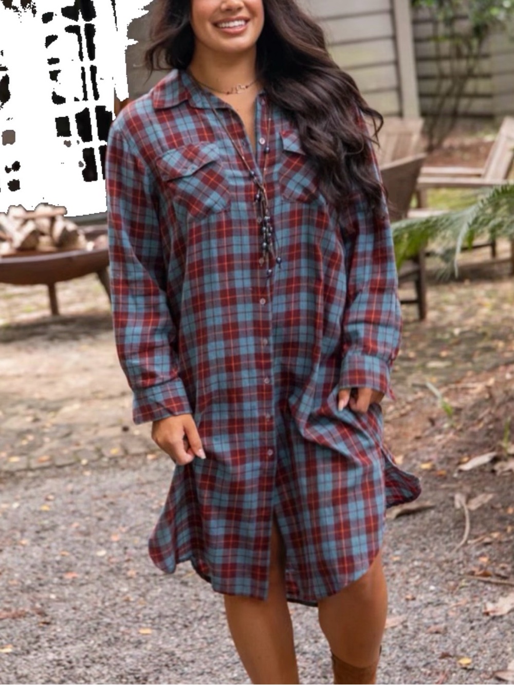 Natural Life Plaid Flannel Button-Front Shirt Dress in Teal and Rust